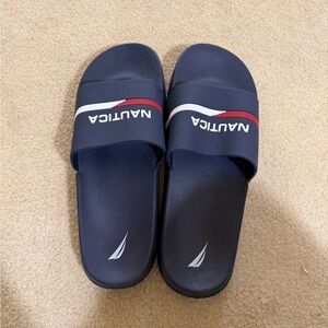 Nautica Men’s Navy Slide Sandals with Red & White Stripe